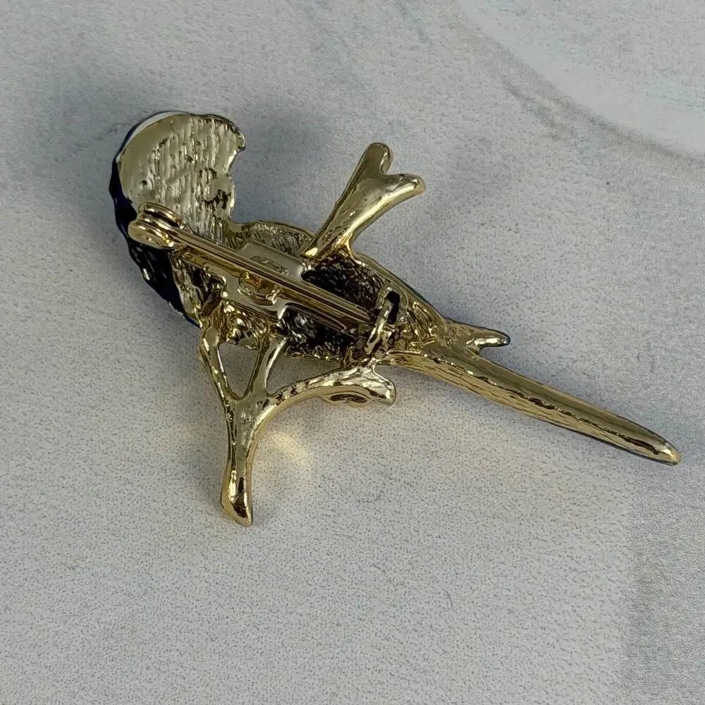 Bird Lover's Vintage 1980s Gold-Tone & Deep Blue Parrot Parakeet Brooch Pin